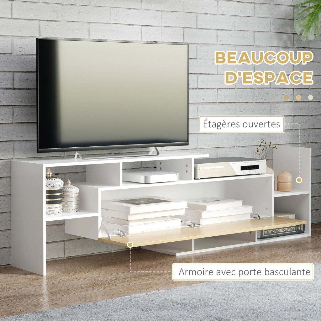 Mobile TV con mensola e panca stile contemporaneo ¨C zephmum ¨C bianco e legno naturale 153.6L cm