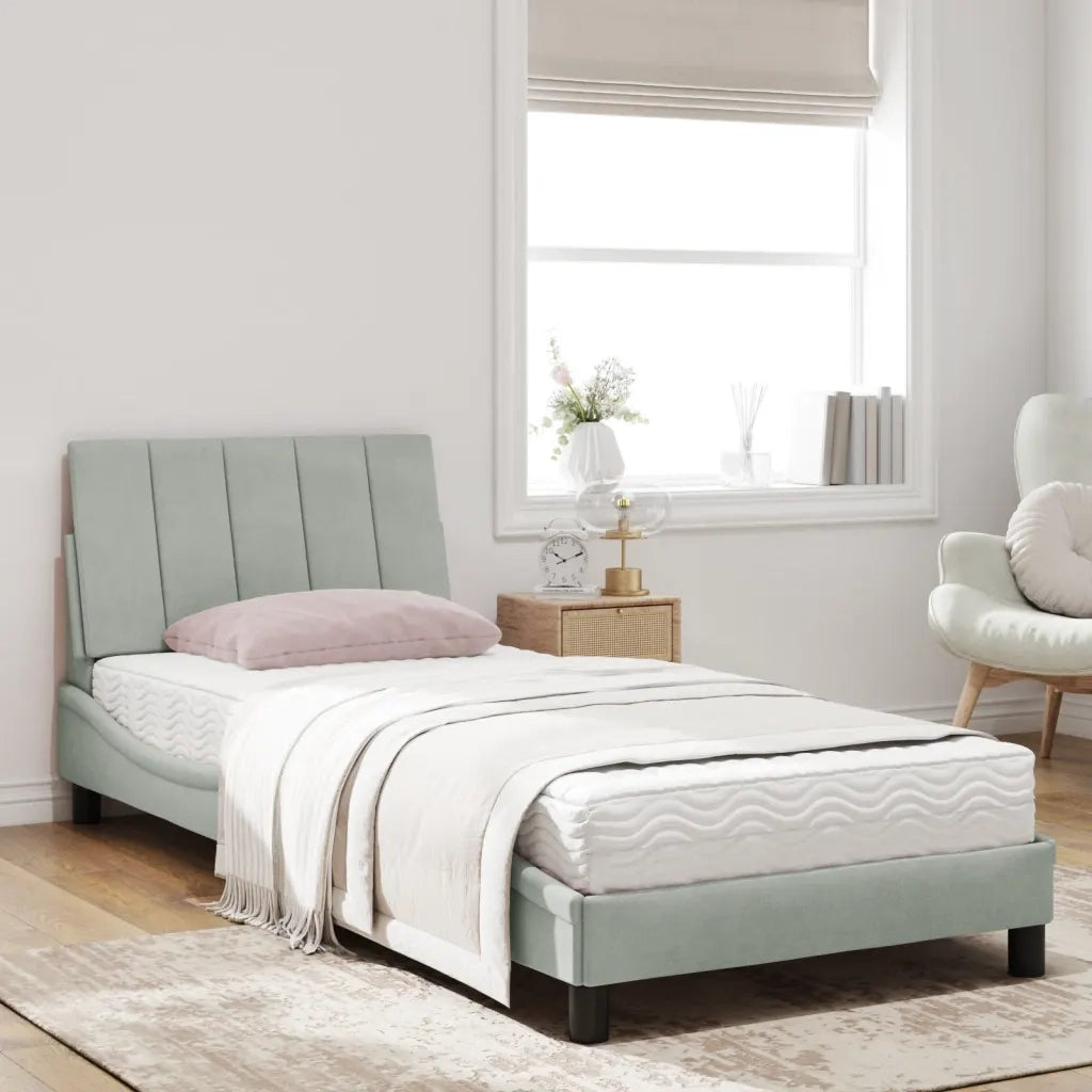 Letto con Materasso-Struttura Letto con Materasso Hanko Grigio Chiaro 90x200 cm in Velluto