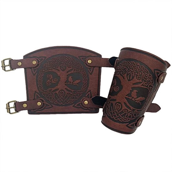 Guanti da polso in pelle PU con incisione a forma di albero del mondo - Cuffie in pelle di alta qualità manufatturate a mano - Guardia da polso vichinga - Accessori per LARP