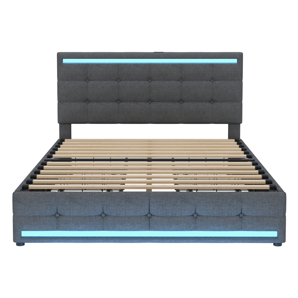 Letto imbottito con LED - Zephmum- 140x200 cm - Grigio - 4 cassetti, 2 porte USB, testiera LED