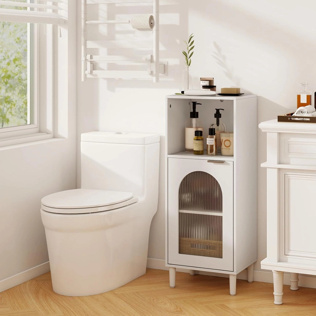 Armadietto da Bagno 35 x 30 x 90 cm, Mobiletto Bagno Salvaspazio in Legno con Anta in Vetro Temperato e Ripiano Regolabile, Colonna Salvaspazio per Corridoio, Soggiorno e Cuccina