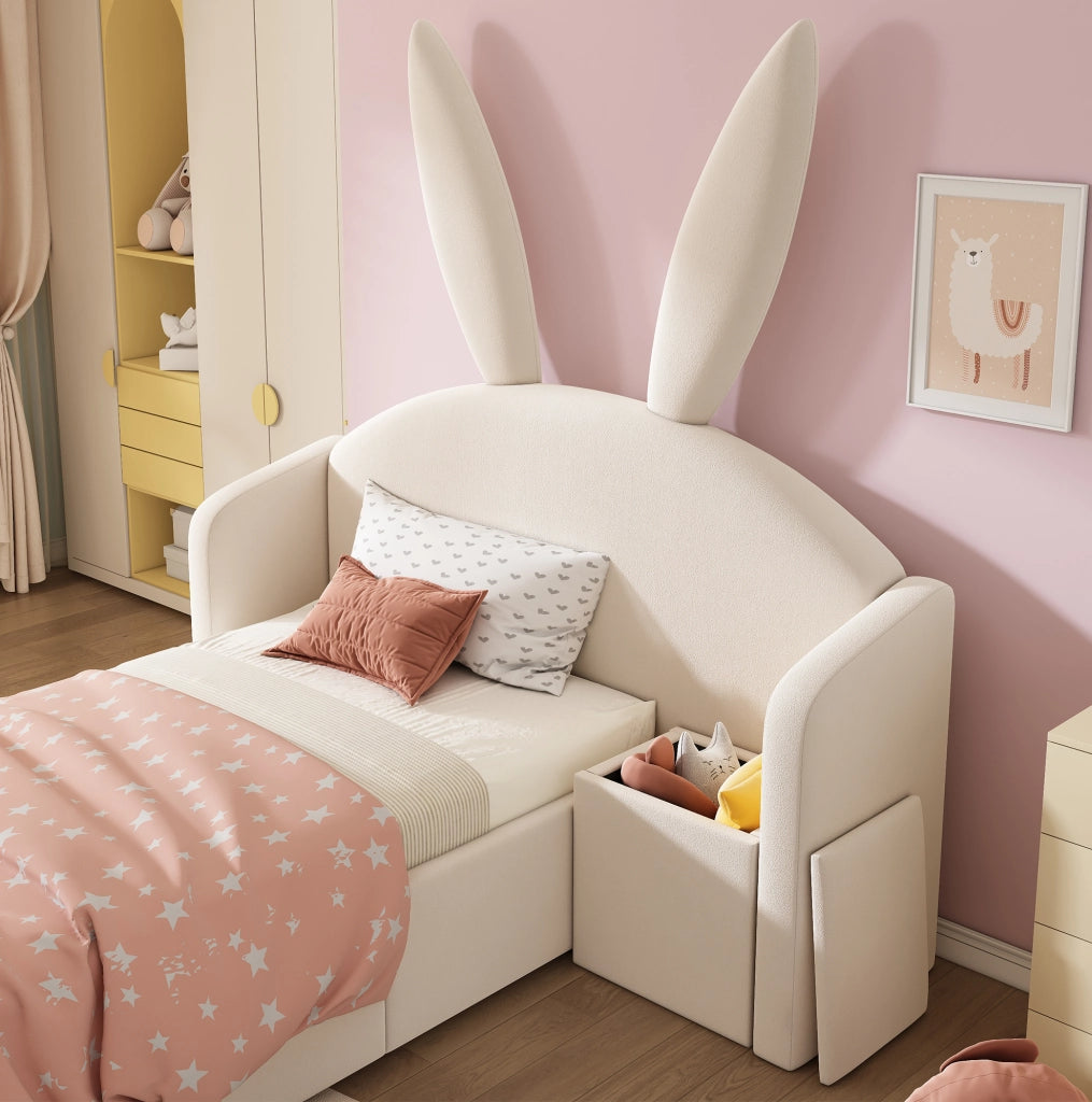 Letto junior 90x200 cm in velluto beige con contenitore; comodino integrato e design con orecchie