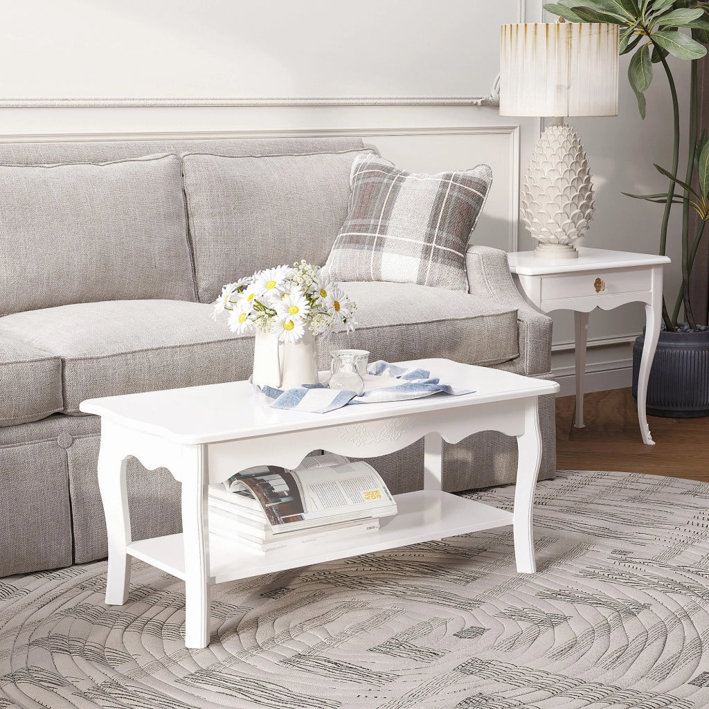 EasyComfort Tavolino da Salotto con Ampio Ripiano Portaoggetti Inferiore in Legno, 94x44x43cm, Bianco