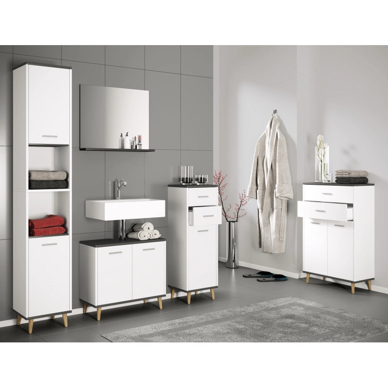 Essenza di Ezooza  Set Bagno Completo 4 Pezzi Mobile Lavabo + Colonna + Pensile e specchio, Bianco/Antracite ,