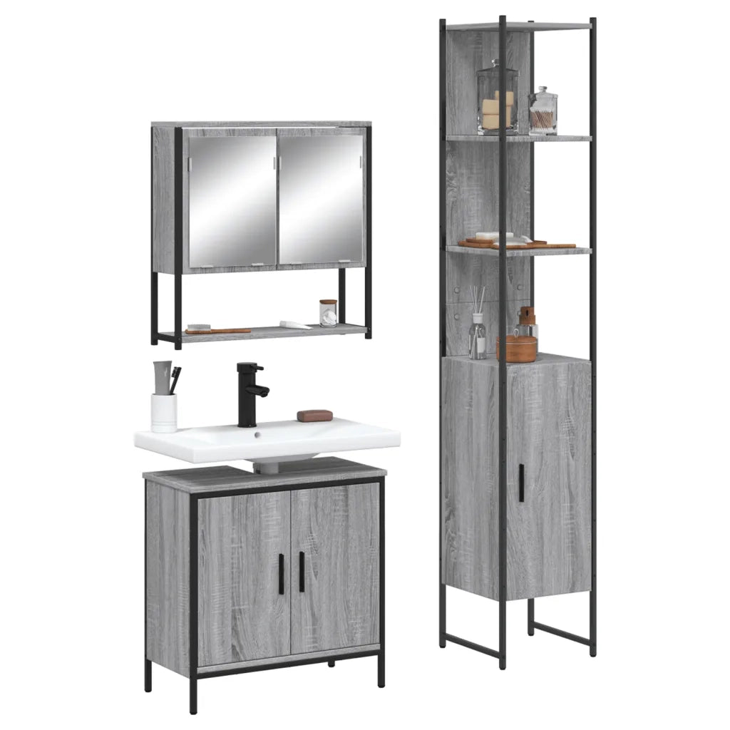 Set Mobili da Bagno 3 pz Grigio Sonoma in Legno Multistrato