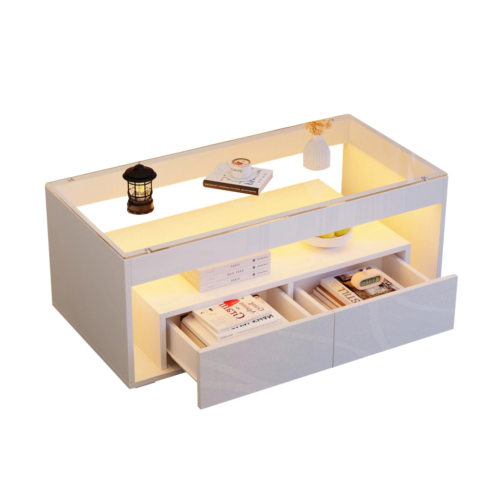 Tavolino basso con LED, 2 cassetti e 2 vani aperti, piano in vetro temperato, per soggiorno, bianco, 100 × 50 × 40 cm