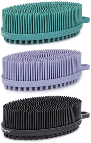 Set di 3 spazzoloni per il corpo in silicone - spazzola per doccia e bagno a doppia faccia per esfoliazione delicata, pulizia profonda e massaggio intenso, cura per la pelle sensibile, nero e lavanda e verde.