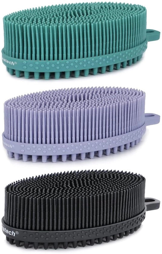 Set di 3 spazzoloni per il corpo in silicone - spazzola per doccia e bagno a doppia faccia per esfoliazione delicata, pulizia profonda e massaggio intenso, cura per la pelle sensibile, nero e lavanda e verde.