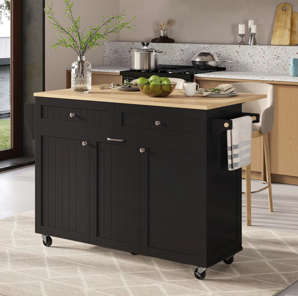 Isola da cucina mobile con piano estraibile e pieghevole; MDF; nero e naturale