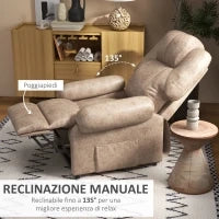 Poltrona Relax Reclinabile Manuale in Tessuto con Poggiapiedi Estraibile e Tasca Laterale, Beige