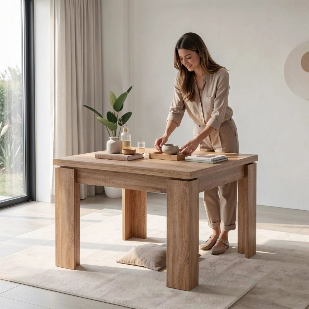 Tavolo Allungabile Per Cucina E Sala Da Pranzo Con Design Moderno Gambe Spesse E Meccanismo Centrale Da 4 A 8 Persone 90 X 90 / 180 X 90 Cm Rovere