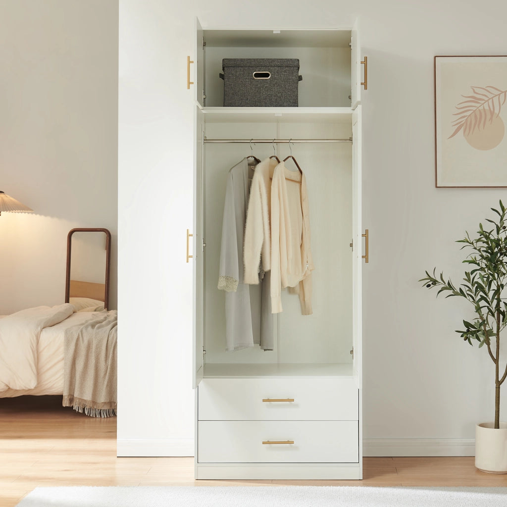 Armadio da Guardaroba Larundi con 4 Ante e 2 Cassetti 216 x 80 x 52 cm - Bianco/Effetto Rattan [en.casa]