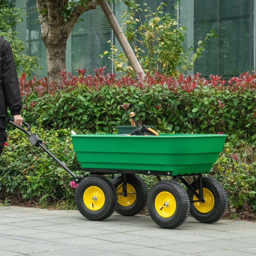 Carrello da Giardino 125L in Acciaio e PP con Vasca ribaltabile e Maniglia, 118x58x102 cm, Verde