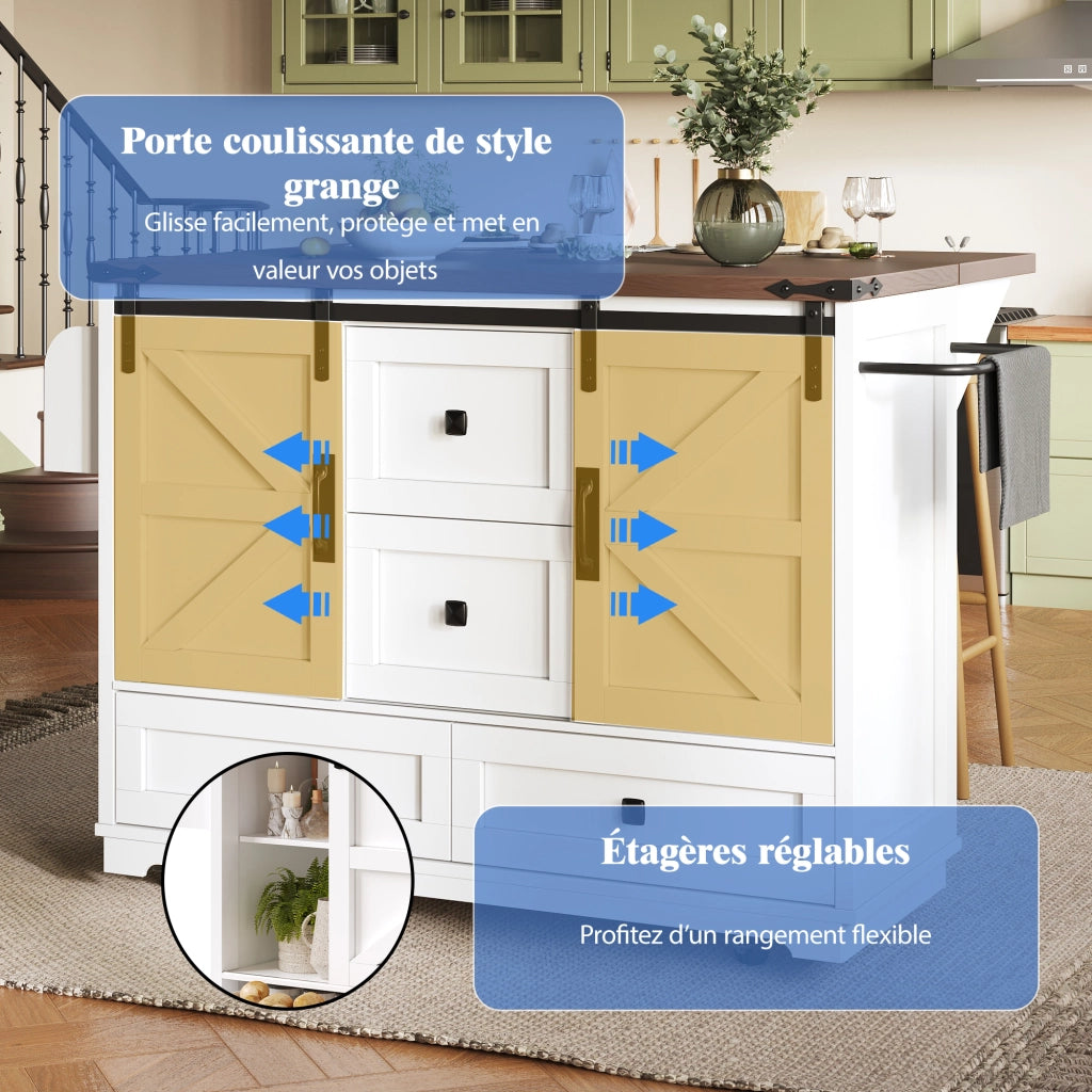 Carrello da Cucina con 2 Ante Scorrevoli e Piano Ribaltabile; per Cucina; in MDF; Bianco