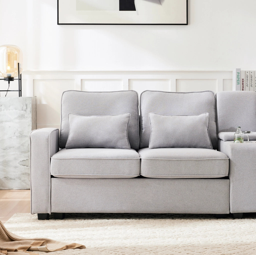 Divano 4 posti 290x83x88 cm con USB; portabicchieri e vani; tessuto grigio