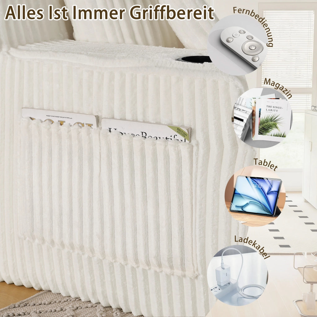 Divano letto 2 posti - con tasca laterale e portabevande - in tessuto a coste beige