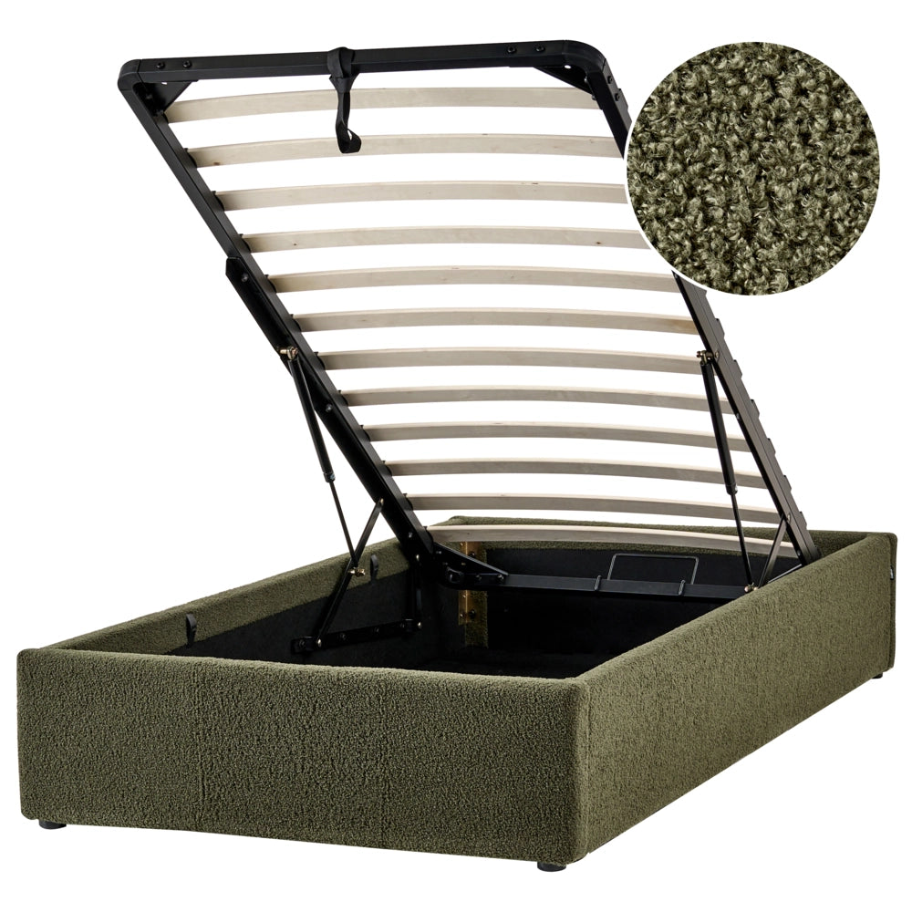 Letto singolo con contenitore in tessuto bouclè verde scuro 90 x 200 cm portaoggetti stile moderno