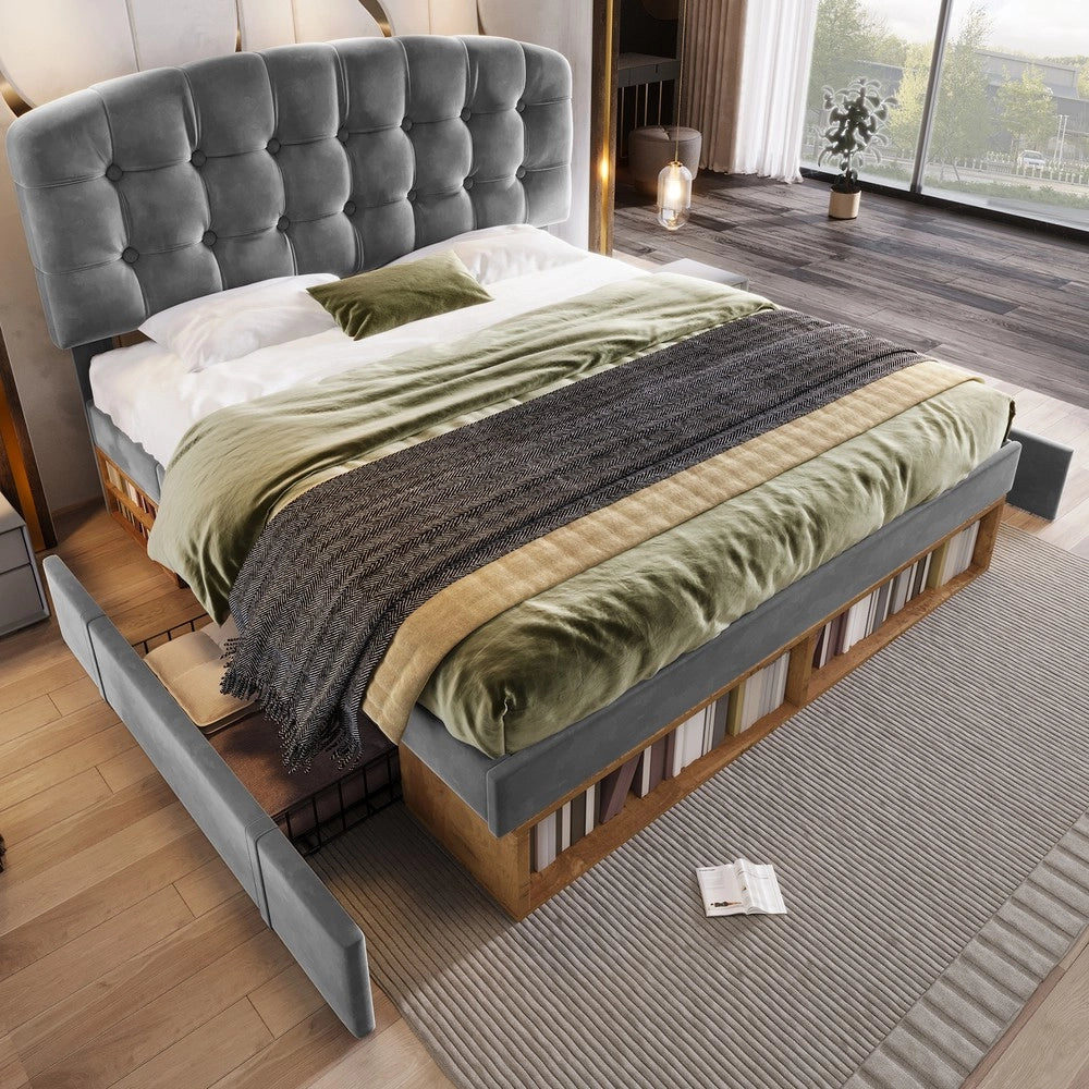Letto Matrimoniale Imbottito con Cassetti ¨C Xylo ¨C Velluto Grigio 140x200