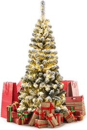 Albero di Natale Stretto e Alto Slim 140/180/225 cm, con 150/250/350 Luci Incorporate, Albero Innevato Romantico, Supporto in Ferro, Rami Spessi, Effetto Realistico