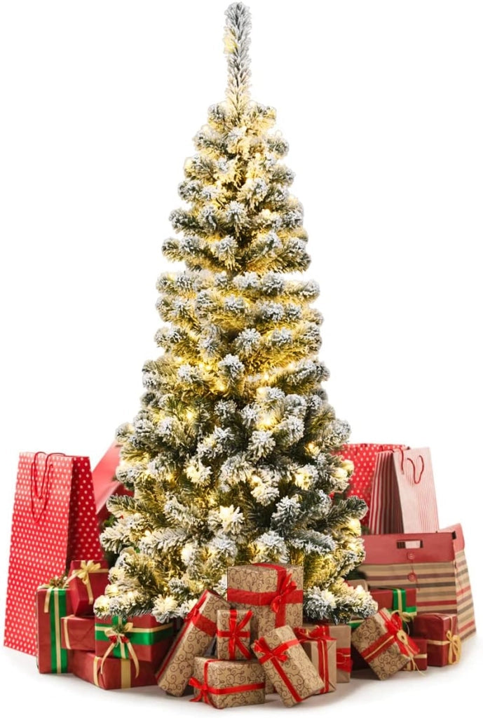 Albero di Natale Stretto e Alto Slim 140/180/225 cm, con 150/250/350 Luci Incorporate, Albero Innevato Romantico, Supporto in Ferro, Rami Spessi, Effetto Realistico