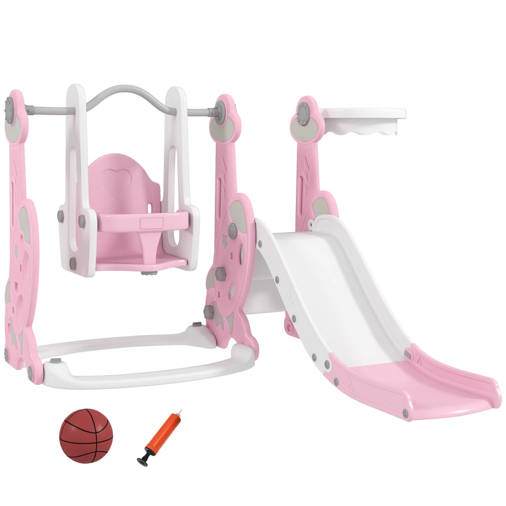 Scivolo per Bambini 4 in 1 con Altalena Scaletta da Arrampicata e Cestino da Basket in PP e PE Rosa