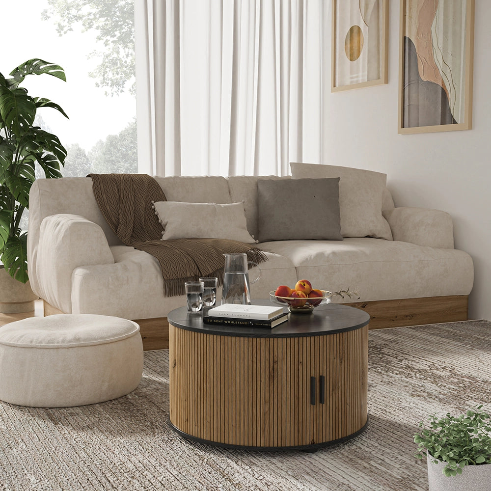 Tavolino soggiorno Selva Rovere/Nero 80 x 80 cm con porta scorrevole Vicco