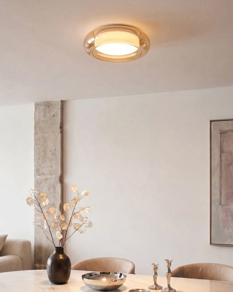 Lampada da soffitto con luci LED integrate, paralume in vetro a forma di anello, base in metallo con dimmer marrone