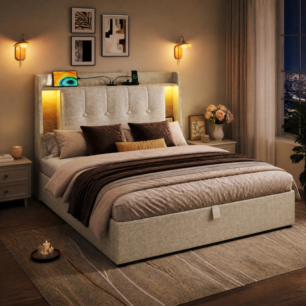 Letto imbottito 90x200 cm beige con LED, USB-C e vano contenitore