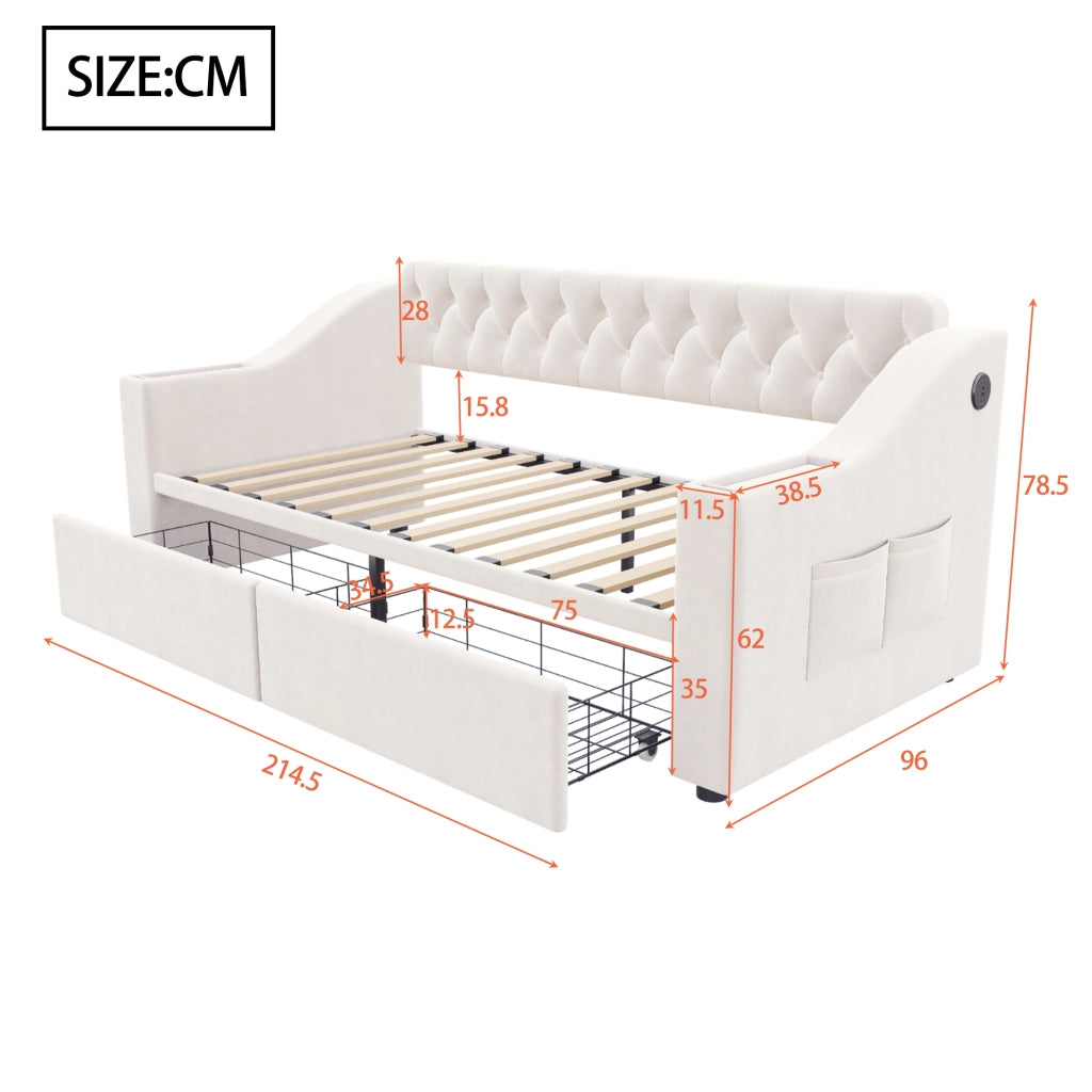Polsterbett Schlafsofa 90 x 190 cm in velluto beige con contenitore, porte USB e struttura in metallo