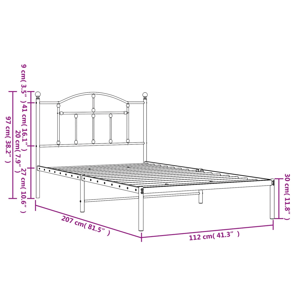 Letto singolo | Letto per adulti | Giroletto con Testiera in Metallo Nero 107x203 cm