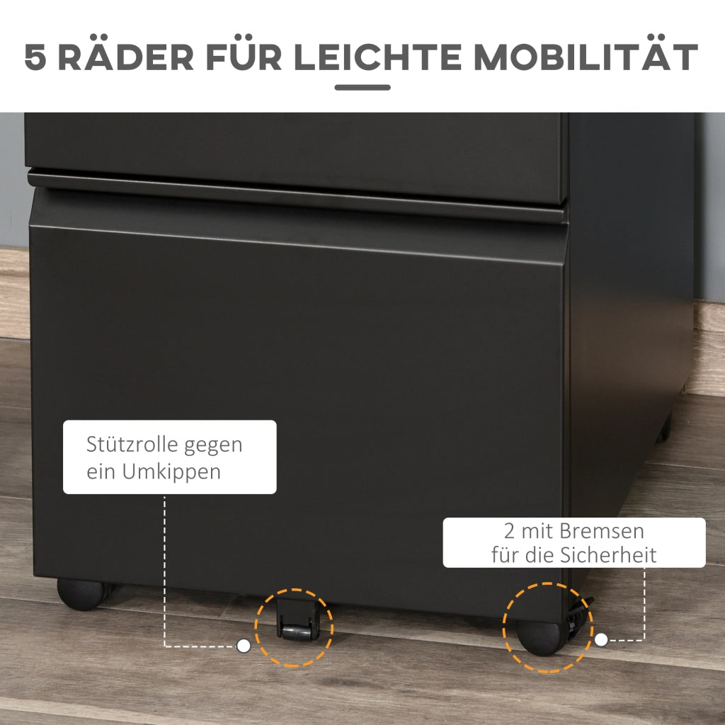 Mobiletto da ufficio con piedistallo, 3 cassetti e ruote, maniglia concava, in acciaio, colore nero, ideale per ufficio e home office.