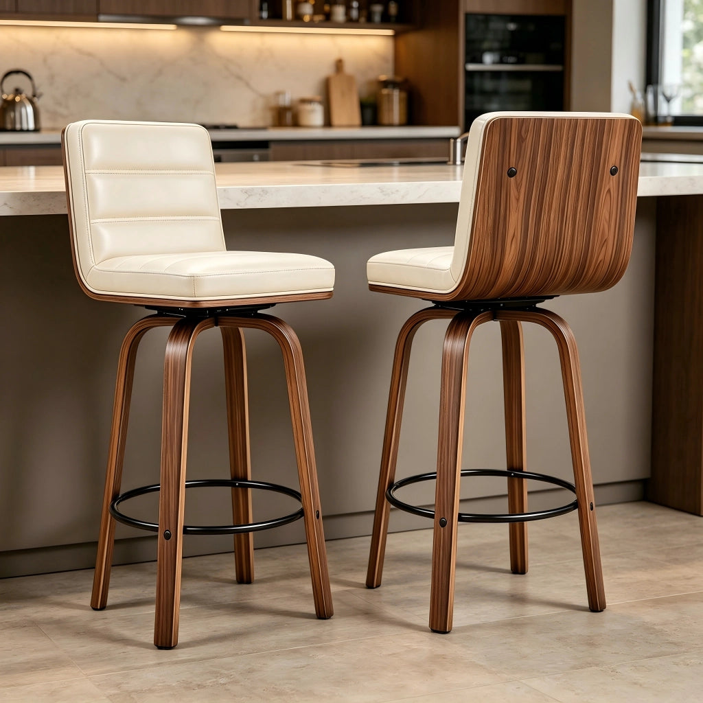 Sgabello da bar girevole con schienale ergonomico e base in legno e metallo crema