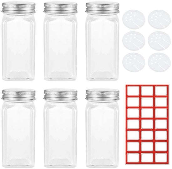Set di contenitori in vetro 6 pezzi 120 ml - Lattine in vetro - Aria stagnante - Resistenti all'umidità - Liberi da BPA - Inclusi etichetti - Contenitori per spezie