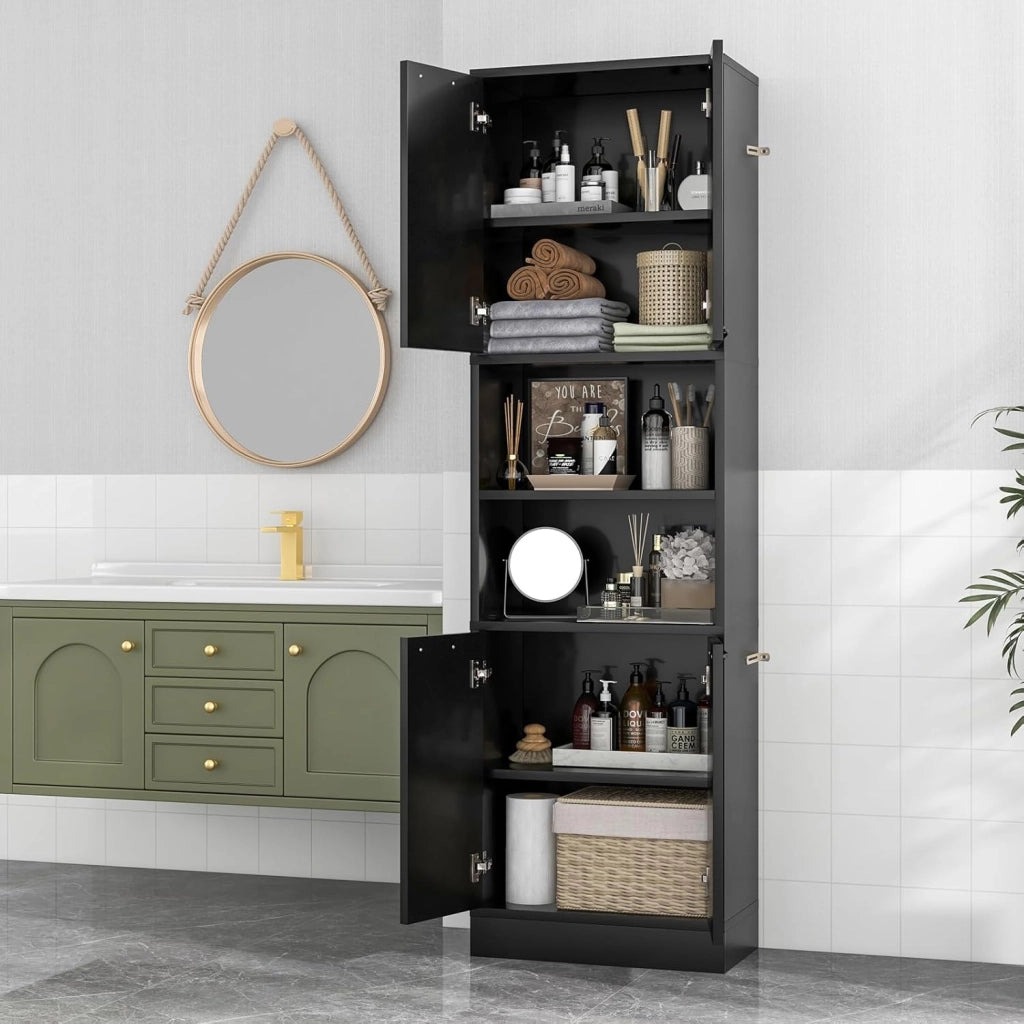 Credenza da Cucina Alta 190 cm con 4 Ante, 2 Scomparti Aperti e 6 Ripiani, 4 Kit Antiribaltamento, Armadio Portaoggetti per Cucina e Bagno