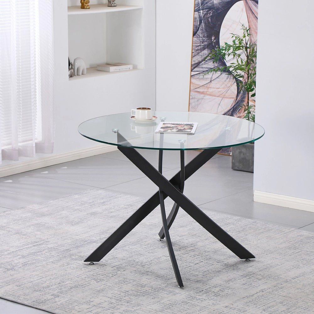 Tavolo da pranzo tondo fisso Peyton con piano in vetro temperato e gambe nere 100x100 cm.
