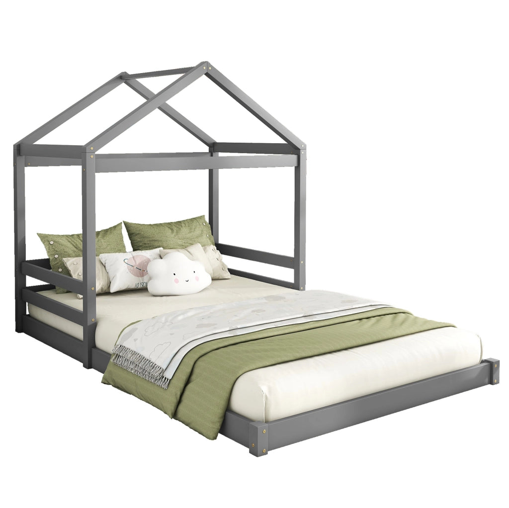 Letto per bambini a forma di casa 140x200 cm con rete a doghe; legno di pino e MDF grigio