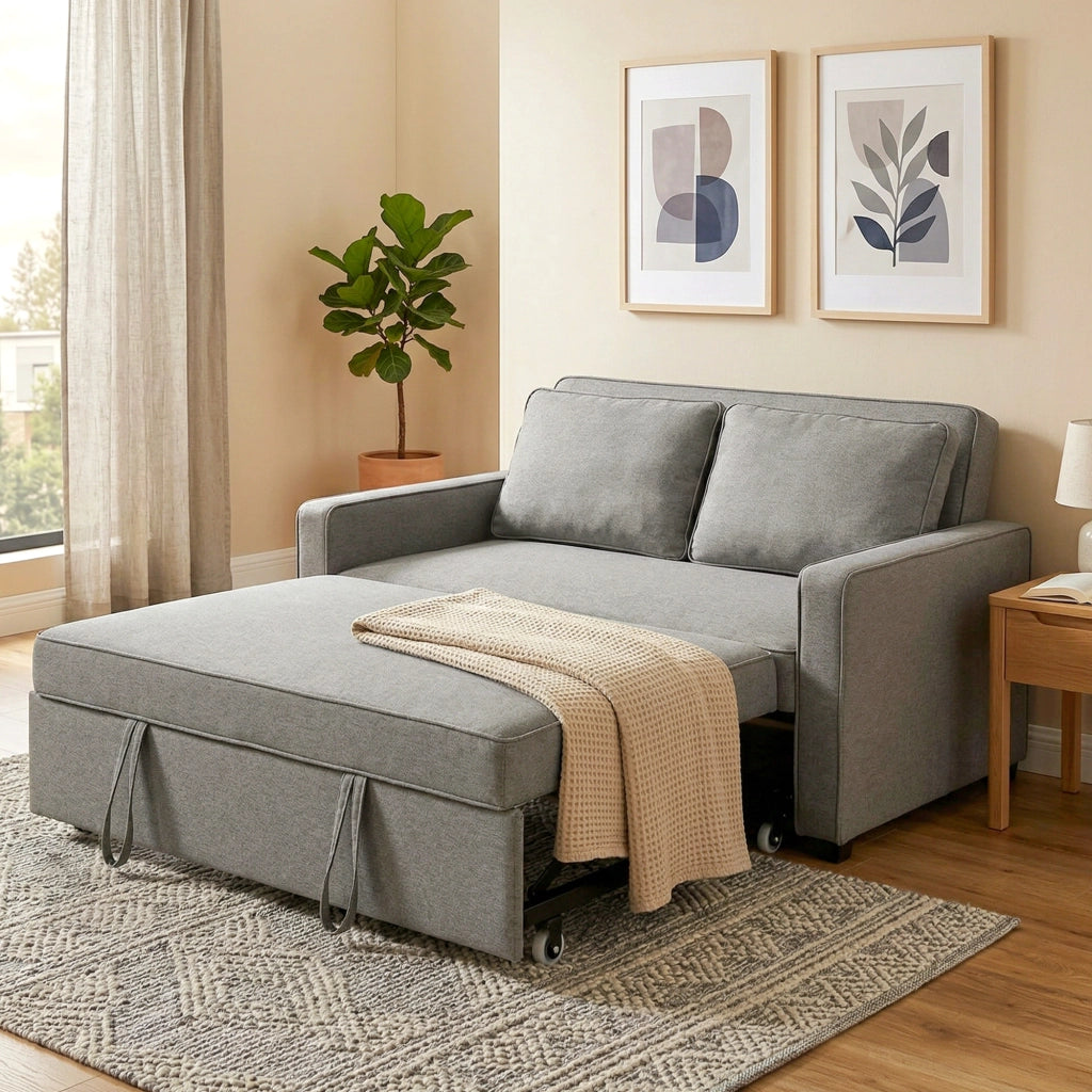 Divano Letto 2 Posti con Schienale Regolabile e Cuscini ¨C Zephmum ¨C Tessuto Grigio