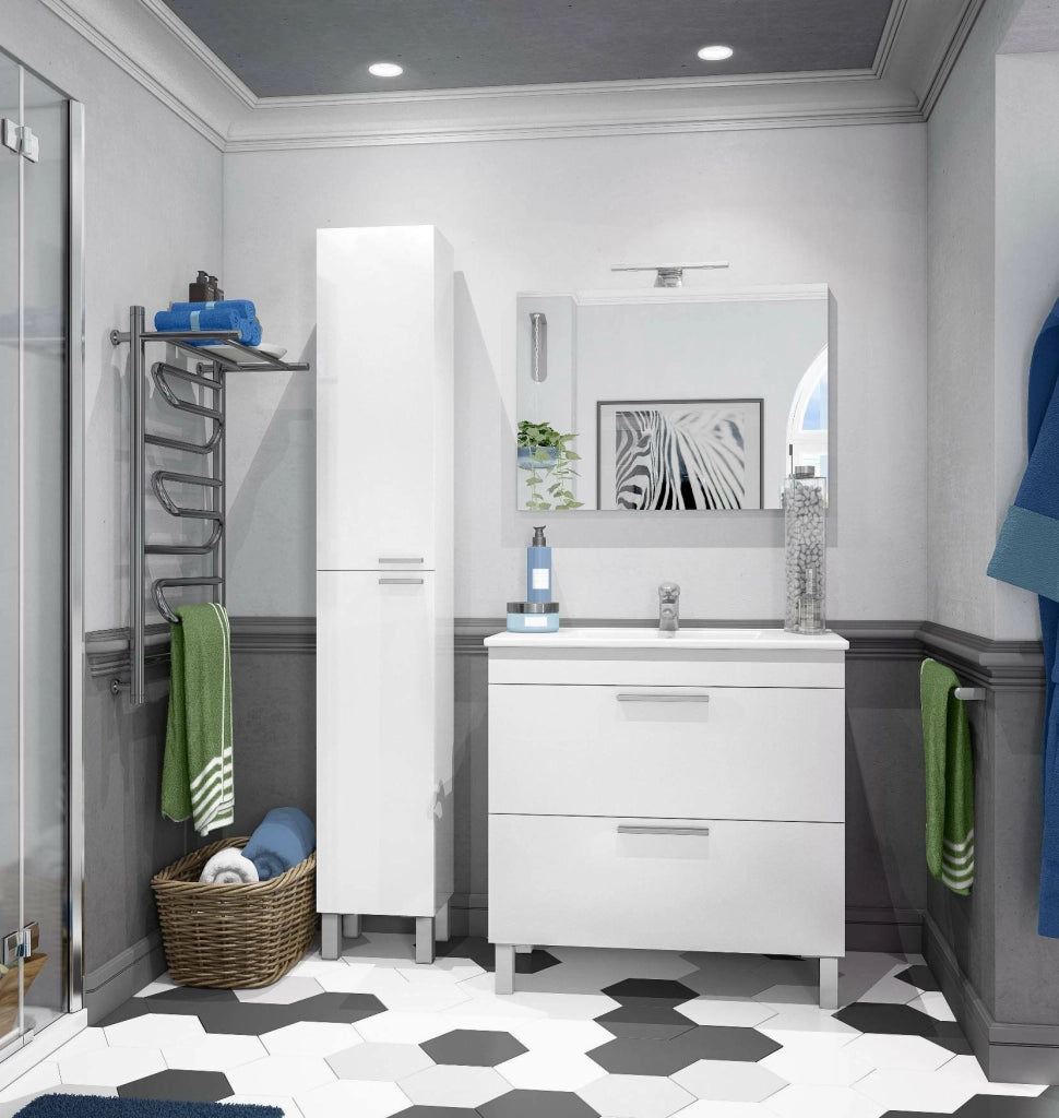 Colonna Bagno Ark, Mobile a colonna per bagno a 2 ante, Armadio pensile sospeso con 2 ripiani, cm 30x25h182, Bianco lucido