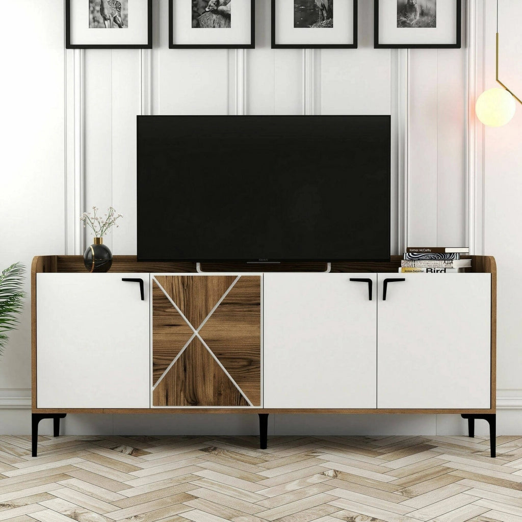 Credenza Also, Credenza da soggiorno, Armadio basso per TV, Base parete attrezzata, 180x35 h78 cm, Noce e Bianco