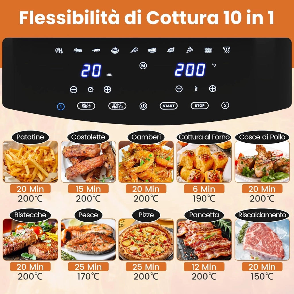 8L Friggitrice ad Aria, 2100W 10 in 1 Friggitrice a Doppio Cestello con Aria Calda a 360°, Timer, Touchscreen Digitale, 40-200℃, Lavabile in Lavastoviglie