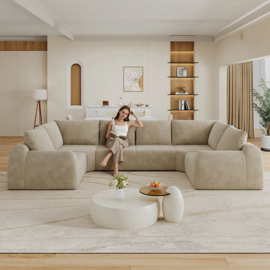 Divano a U compresso senza struttura con schiuma ad alta elasticità morbido in tessuto kaki 344 × 200 × 85 cm