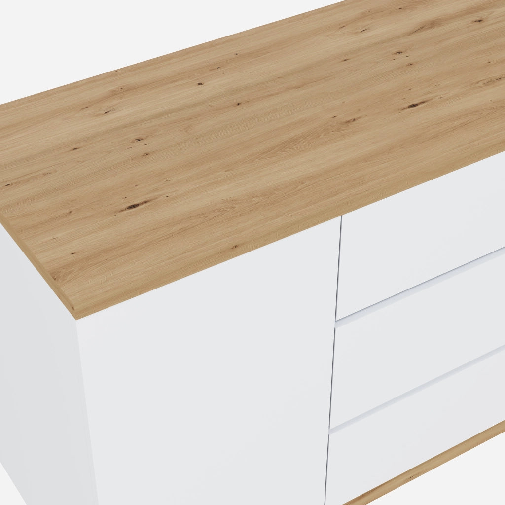 Scrivania pieghevole con 2 ante, 3 cassetti e ruote con freno, in truciolato bianco rovere, 120 × 50 × 76,5 cm