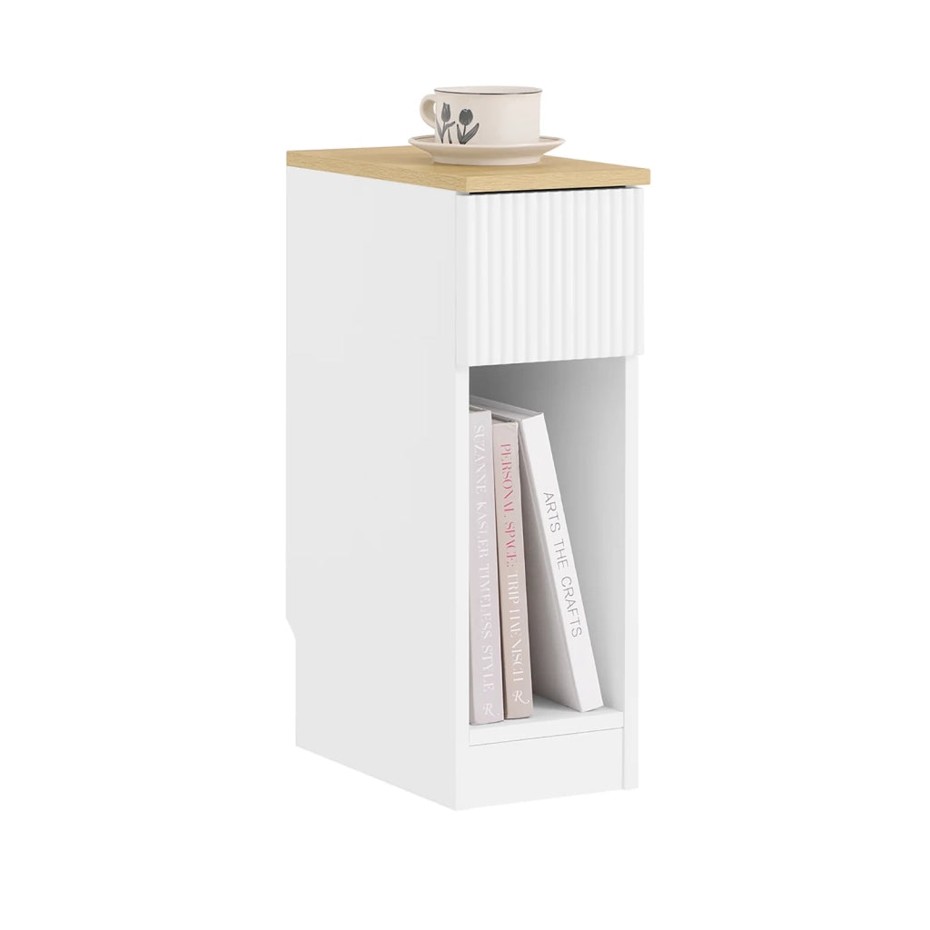 SoBuy Tavolino da notte stretto di 20 cm di larghezza con cassetto a design ondulato, Tavolino stretto per divano, Tavoli da notte per camera da letto e soggiorno, colore bianco e legno 20 x 35 x 60 cm FBT111-W