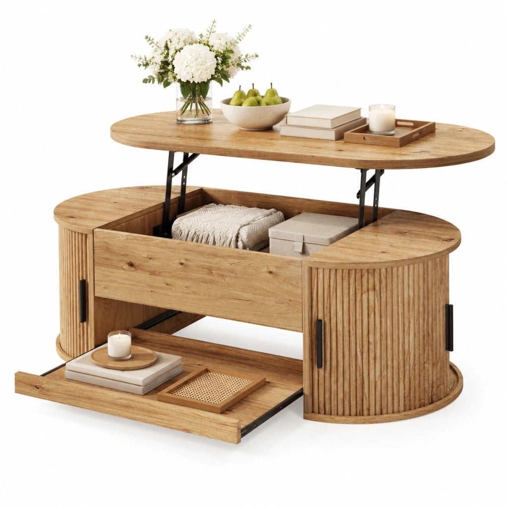 Tavolino elevabile 110x55x55 cm in MDF naturale con contenitore integrato