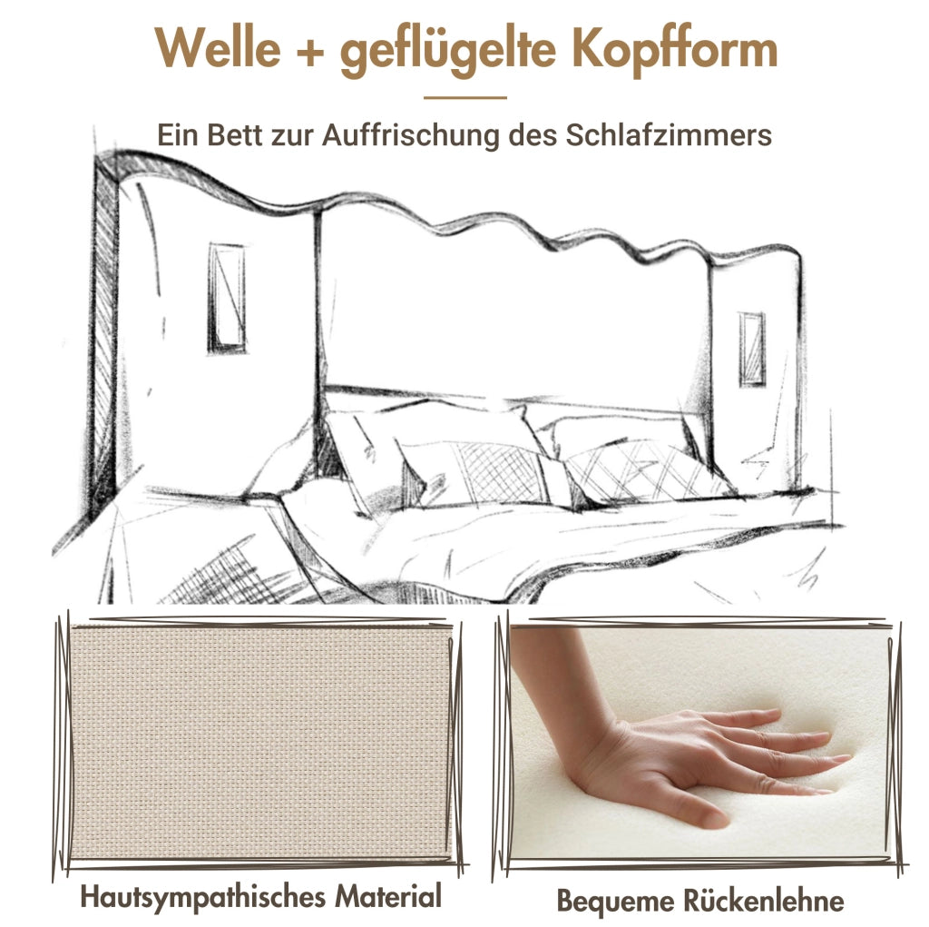 Letto matrimoniale imbottito 180x200 cm in lino beige con lampada da lettura e USB-C