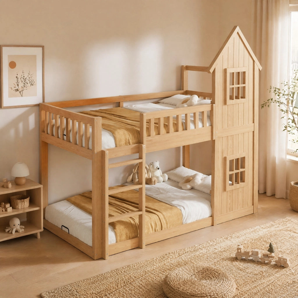 Letto a Castello 90x200 cm - Scala a 3 Gradini; Finestre e Sponde - Legno Naturale