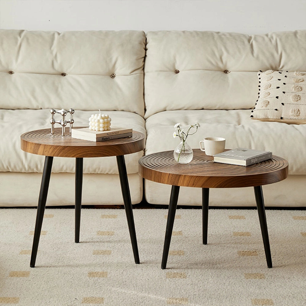 Set 2 Tavolini da Caffè Tondi Noce Design Industrial Tavoli da Soggiorno Rotondi