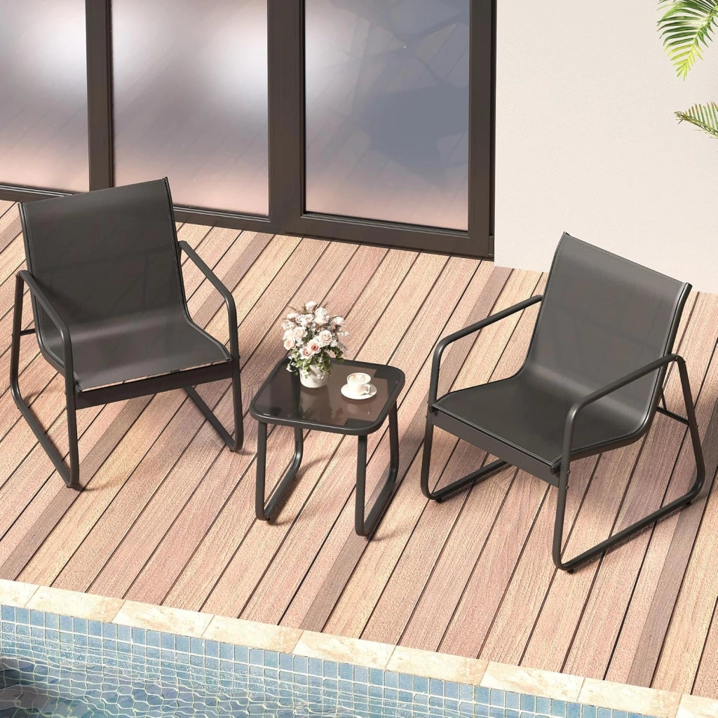 Set Mobili da Giardino 3 Pezzi - Salottino da Esterno con 2 Poltrone Ergonomiche e 1 Tavolino in Vetro Temperato - Set Bistro in Metallo e Textilene Traspirante per Balcone, Terrazzo e Patio