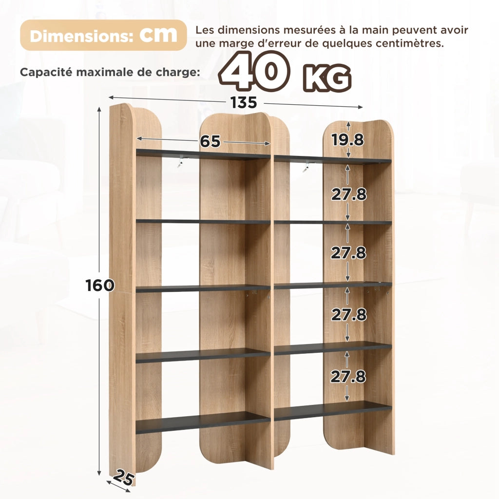 Libreria aperta a 5 ripiani alta 160 cm in truciolare naturale e nera