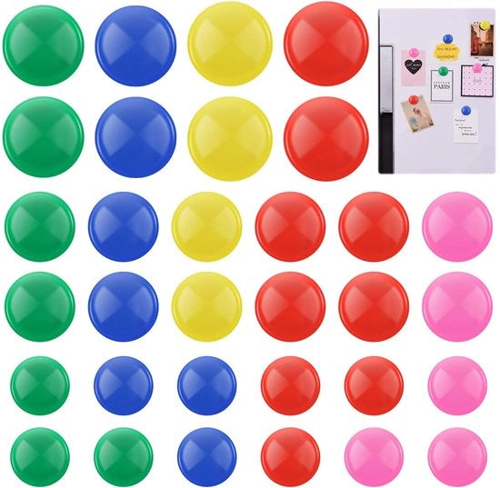 Magnetici per lavagna magnetica, 32 pezzi, 5 colori, magnetici per frigorifero, magnetici per lavagna bianca, forti, piccoli, magnetici rotondi per armadi, foto, lavagna magnetica scolastica, magnetici per bacheca (3 dimensioni)